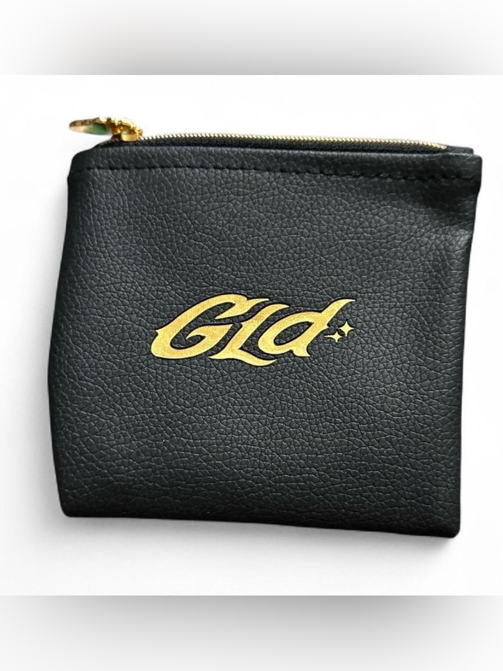 GLD Black Leather Zip Gift Pouch/Coin Purse Gold Logo Jewelry Holder Baddie